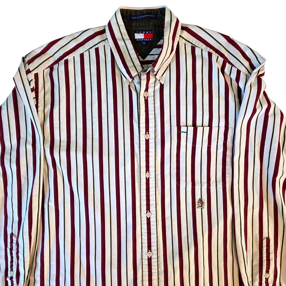 Tommy Hilfiger Mns Lg Striped Button Down Shirt Brgndy Grn Cream Cotton
